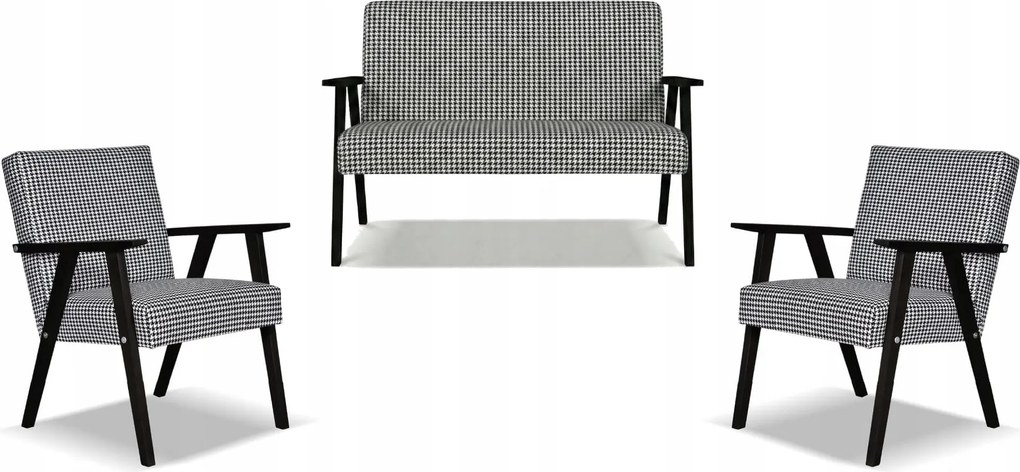 Zestaw mebli PRL retro SOLER sofa fotele Family Meble pepitka czarno biała