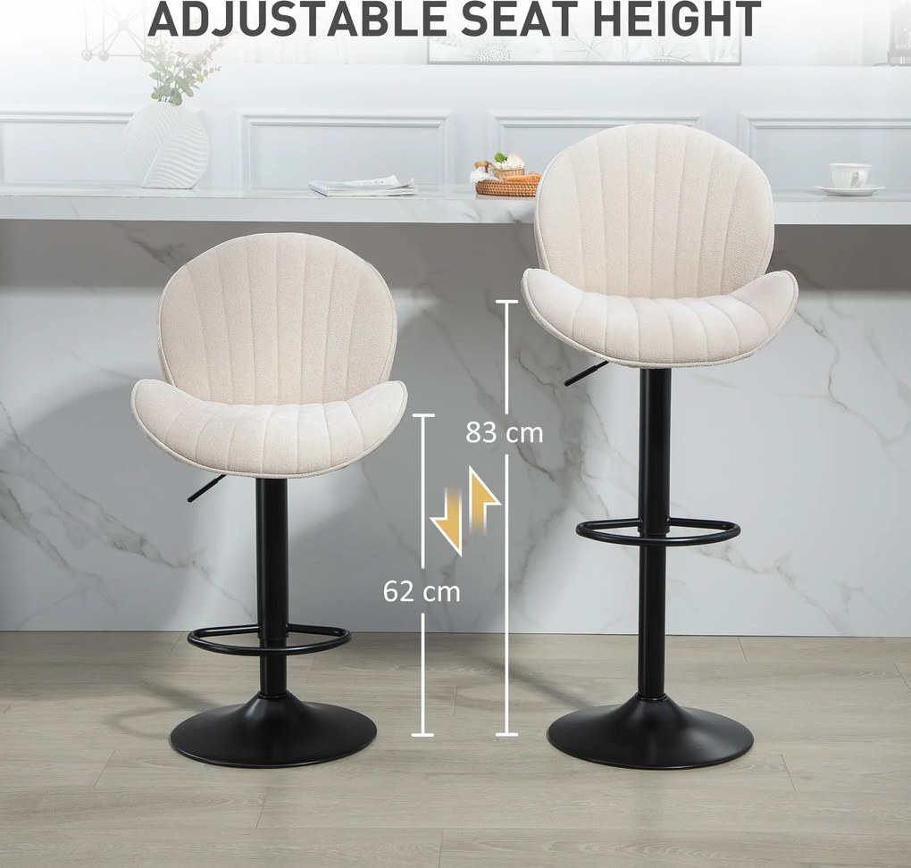 HOMCOM Zestaw 2 Barowych Hokerów w Muszelce, Oparcie, Regulowana Wysokość i Podnóżek, Stalowa Konstrukcja, Beżowy