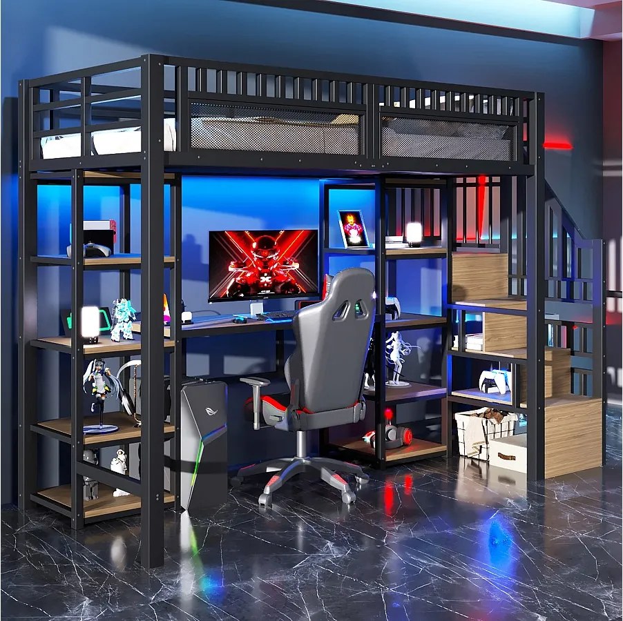 Łóżko piętrowe dla dzieci - 90 x 200 cm - rama żeliwna - z biurkiem + diody LED + port USB + półka + drabinka - metalowe - czarne