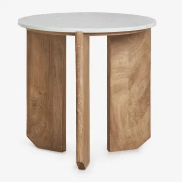 Okrągły Stolik Kawowy Z Naturalnego Kamienia I Drewna Mango Lavinia Biały Marmur Banswara & Rustykalne Drewno Mangowca & Ø50 Cm - Sklum