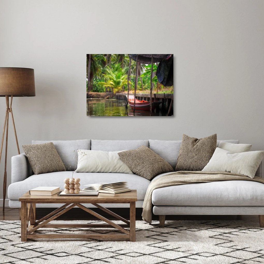 Obraz na szkle - Drewniana łódź na kanale, Tajlandia (70x50 cm)