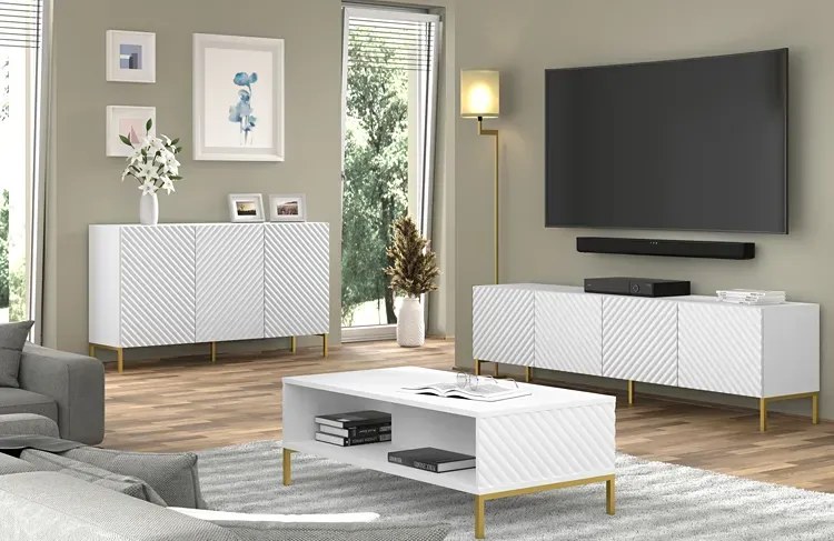 Szafka rtv w stylu glamour biały połysk + złote nóżki - Resa 7X