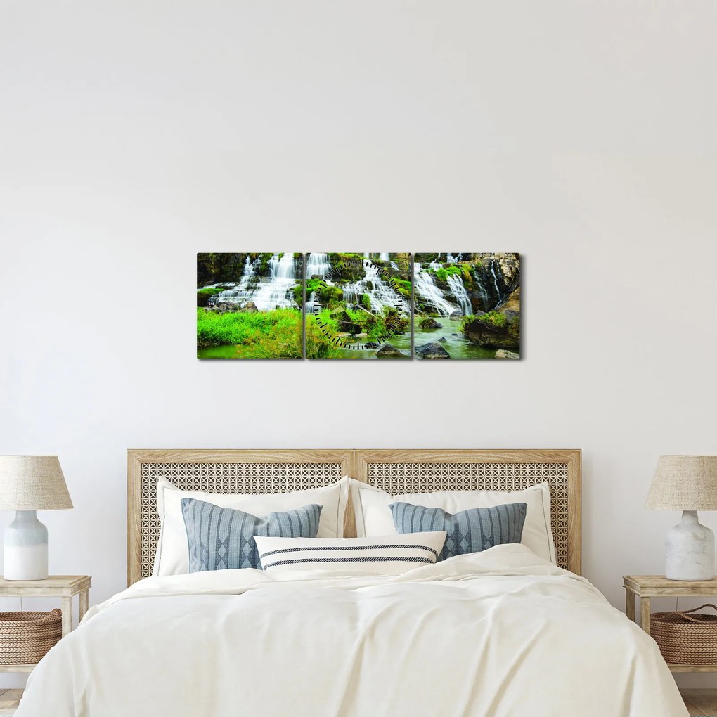 Obraz - wodospady z zielenią (z zegarem) (90x30 cm)