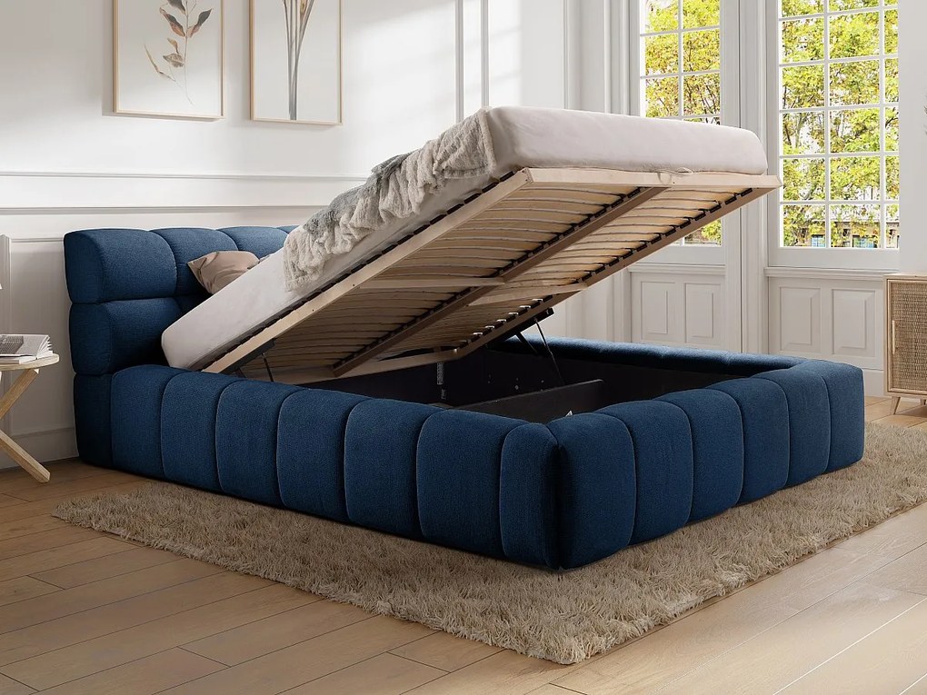 Łóżko ze skrzynią 160 x 200 cm - Tkanina - Ciemnoniebieski - FORVIK II marki Pascal Morabito