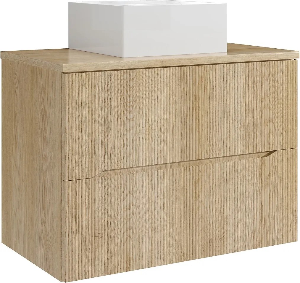 Szafka łazienkowa wisząca prążkowana z kwadratową umywalką nablatową – Jasny naturalny – 80 cm – ORISO