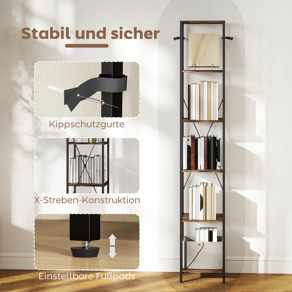 HOMCOM Zestaw 2 regałów 6-poziomowych, rama stalowa, do salonu, biura, sypialni, Rustykalny-Brąz