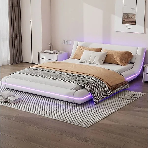 Stelaż łóżka z LED i pilotem - 140 x 200 cm - pikowany ze skóry PU - Biały