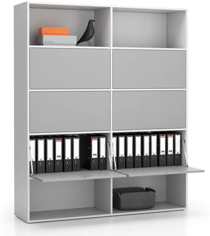 Regał biurowy szeroki LAYERS, 6 schowków, 1582 x 400 x 1905, biały / szary