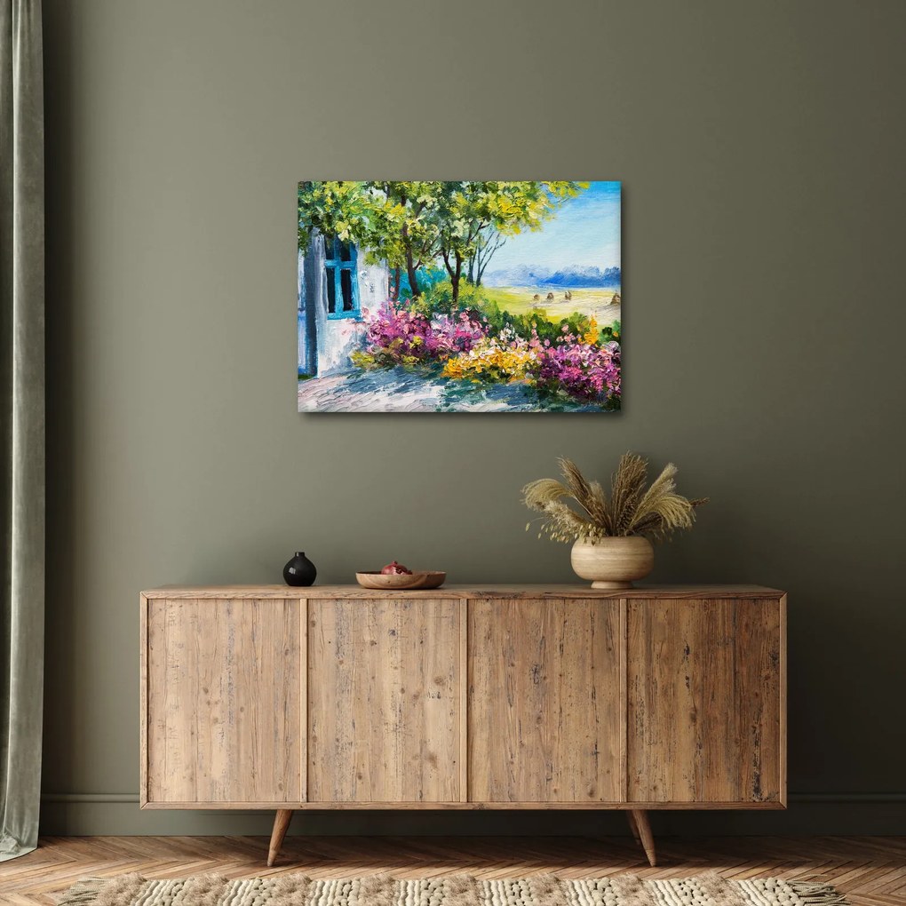 Obraz ogrodu przed domem, obraz olejny (70x50 cm)