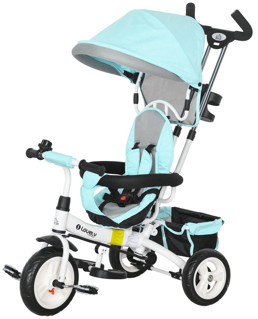 HOMCOM 6 w 1 Trójkołowiec dla dzieci z rączką, daszkiem, pasami, koszykiem na zakupy, dla dzieci 1-5 lat, Zielony