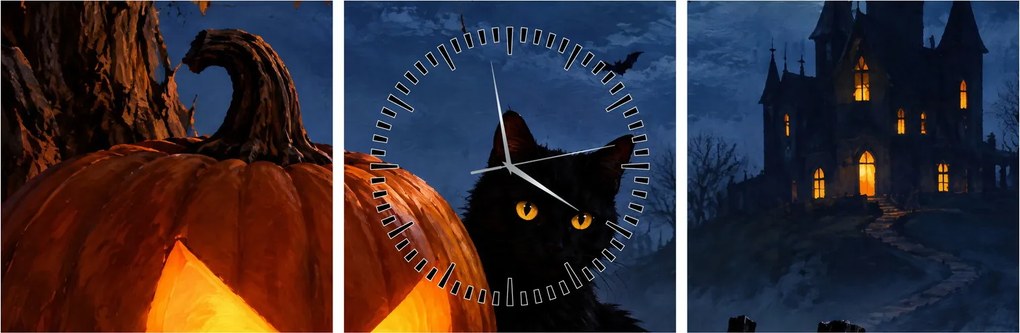 Obraz - Czarny kot przy świecącej dyni na Halloween (z zegarem) (90x30 cm)