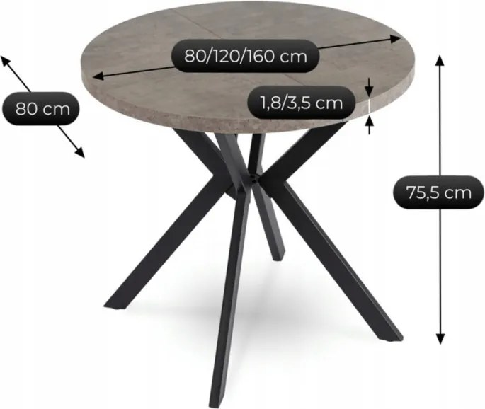 Stół Okrągły Rozkładany DORIAN 80-160 cm Beton/Czarny Nowoczesny Loft