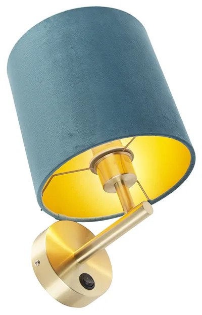 Kinkiet / Lampa scienna vintage złoty z włącznikiem klosz welurowy niebieski - Matt Nowoczesny Oswietlenie wewnetrzne