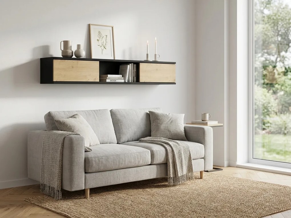 Półka ścienna z szafkami LANZZI 120 cm, czarna/dąb