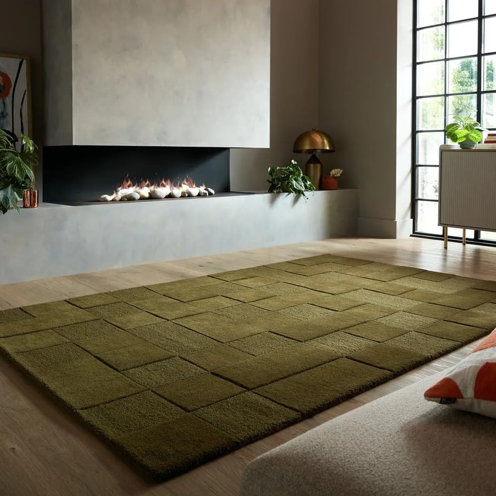 Wełniany dywan tkany ręcznie w kolorze khaki 120x170 cm Checkerboard – Flair Rugs