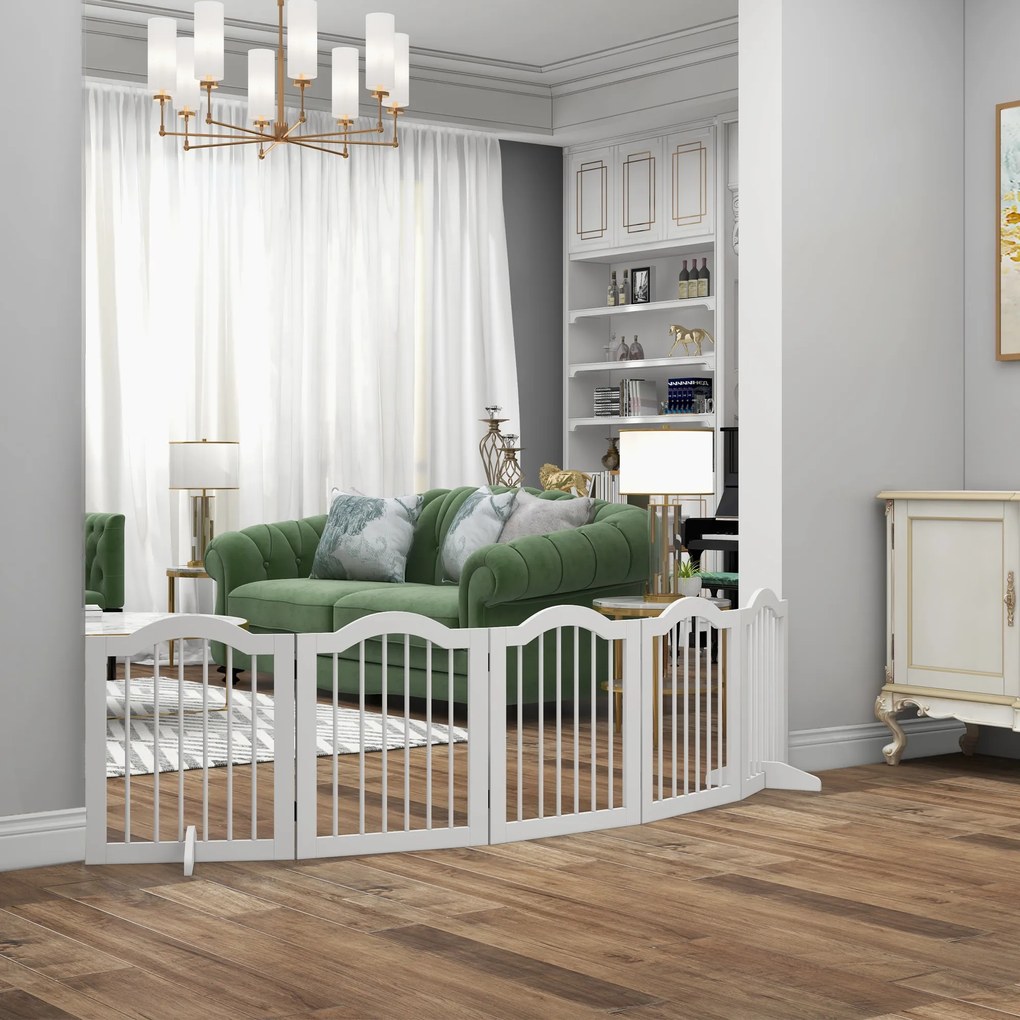 PawHut Składana bramka dla psów 5 paneli elastyczna drewniana biała 2545x295x61 cm | Aosom PL