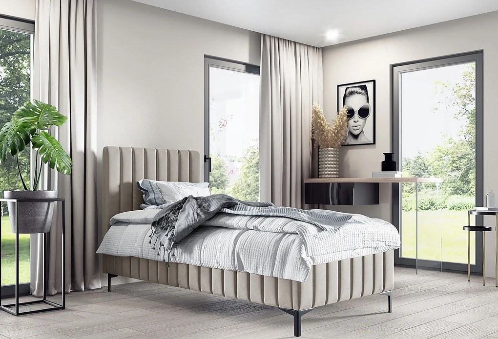 Beżowe pojedyncze łóżko kontynentalne z pojemnikiem T5-S79