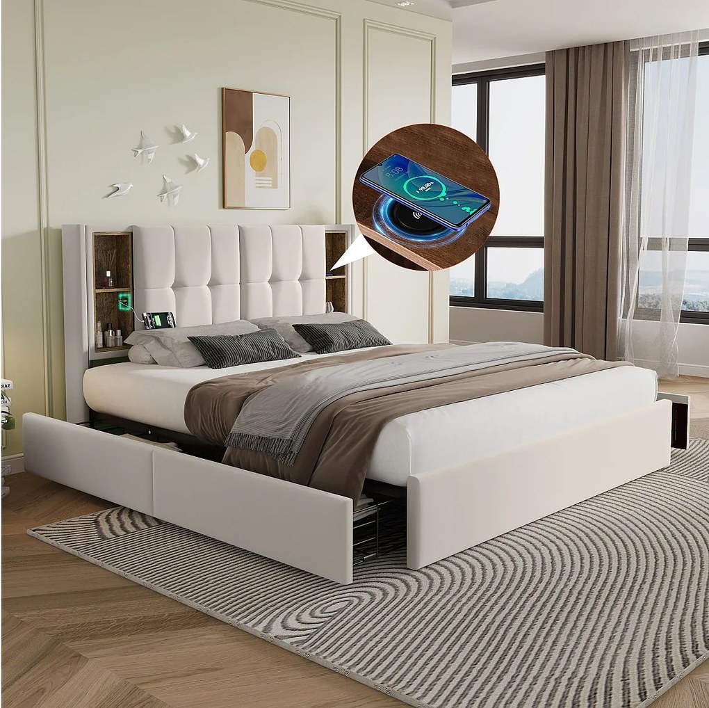 Łóżko dla dorosłych 160x200 cm z ładowaniem bezprzewodowym i portami USB, 4 szuflady - beżowy aksamit (bez materaca)