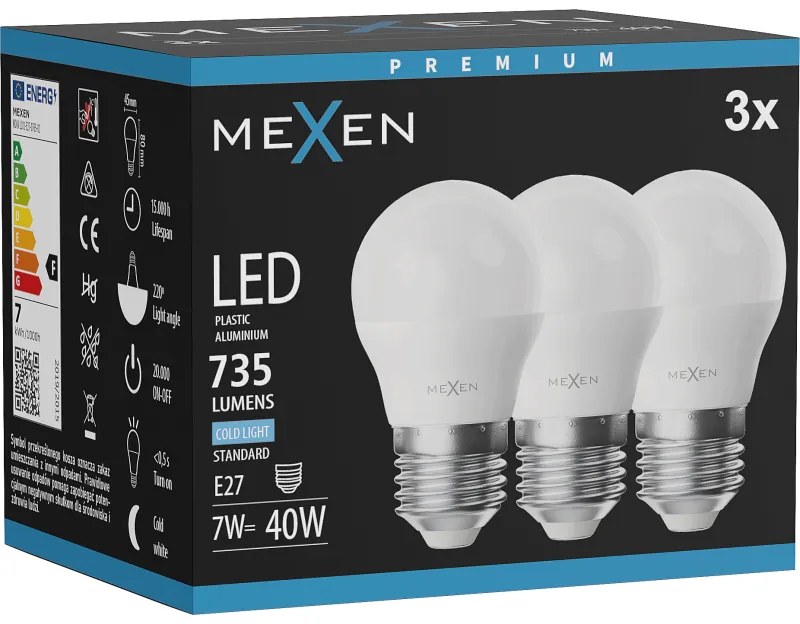 Mexen Nova 3x żarówka LED E27, G45, 7W, Zimna - 6500K, 735 lm - L101-E27-0765-01x03