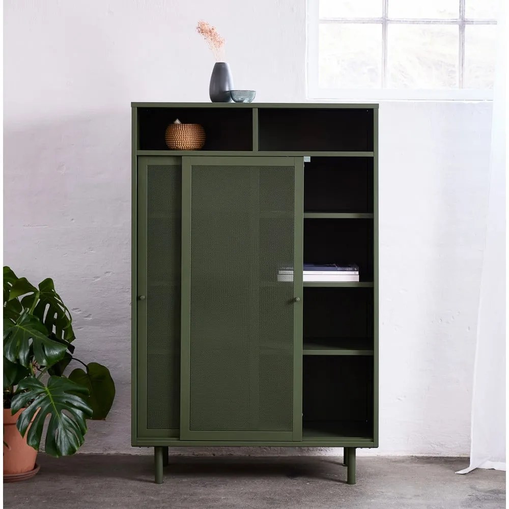 Ciemnozielona metalowa szafka z drzwiami przesuwnymi 90x140x40 cm Veep – Unique Furniture
