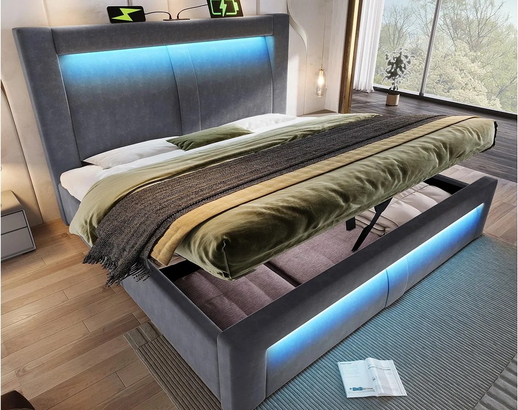 Łóżko tapicerowane ze schowkiem 180x200cm - z oświetleniem LED - z portami USB i Type-C - welur - Szary​ (bez materaca)
