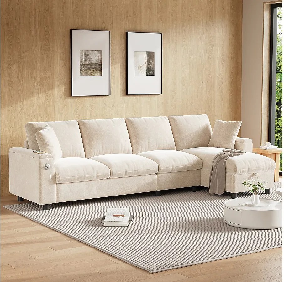 Sofa narożna 4-osobowa z 2 podłokietnikami i schowkiem + składany stolik kawowy z 2 uchwytami na kubki + port USB - tkanina szenilowa - beż