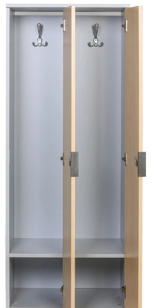 Drewniana szafa ubraniowa z ławką, 4-drzwiowa, 1871 x 1200 x 500/800 mm, zamek RFID, szary/orzech