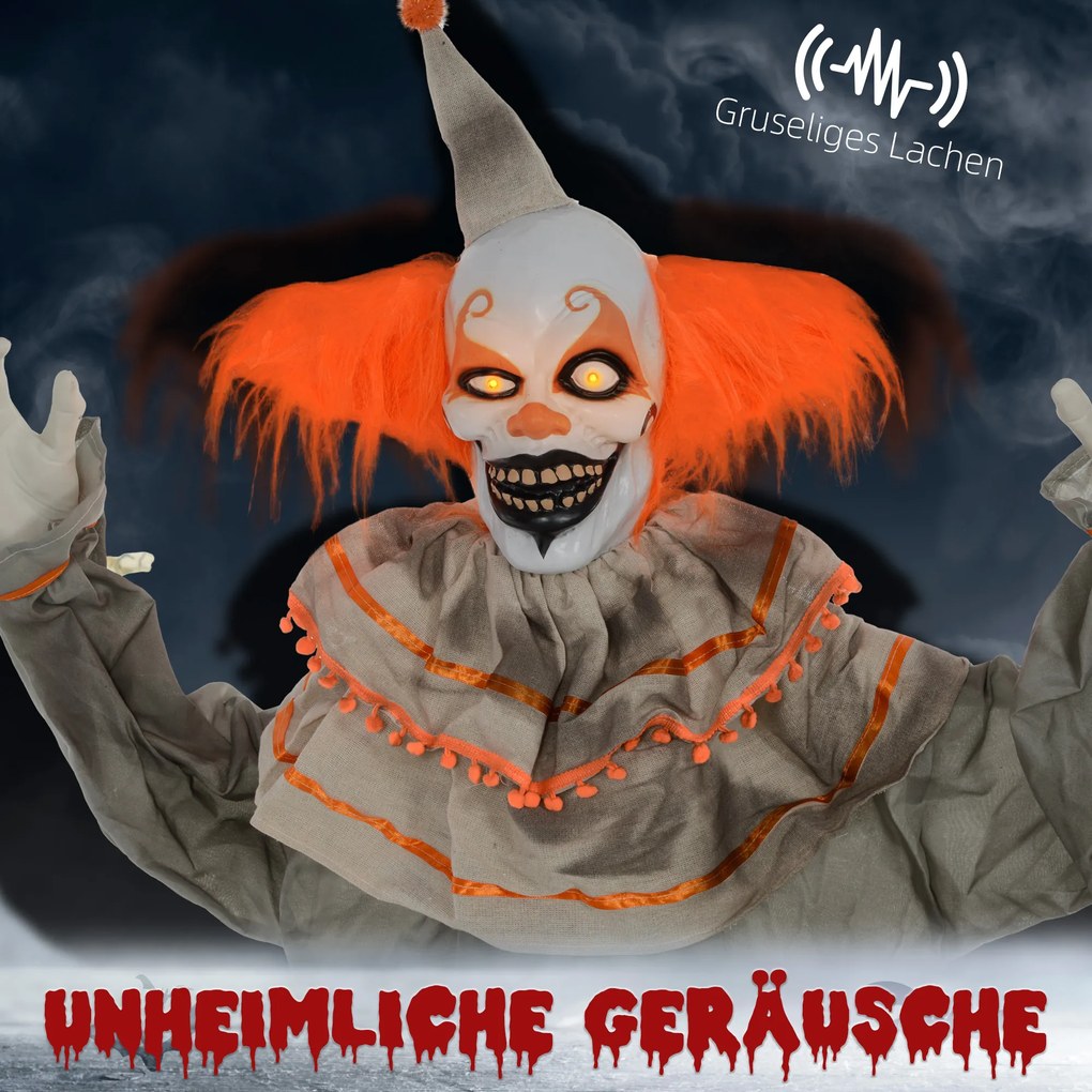 HOMCOM Dekoracja Halloween Klaun, giętkie ramiona, aktywacja przez dotyk/dźwięk, świecące oczy
