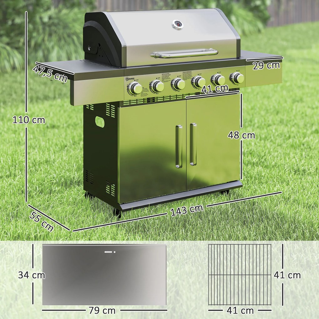 Outsunny Grill Gazowy 8500BTU z Wózkiem, 6 Palników ze Stali Nierdzewnej, Termometr, Regulator Ciśnienia 141 x 55 x 110 cm Srebrny