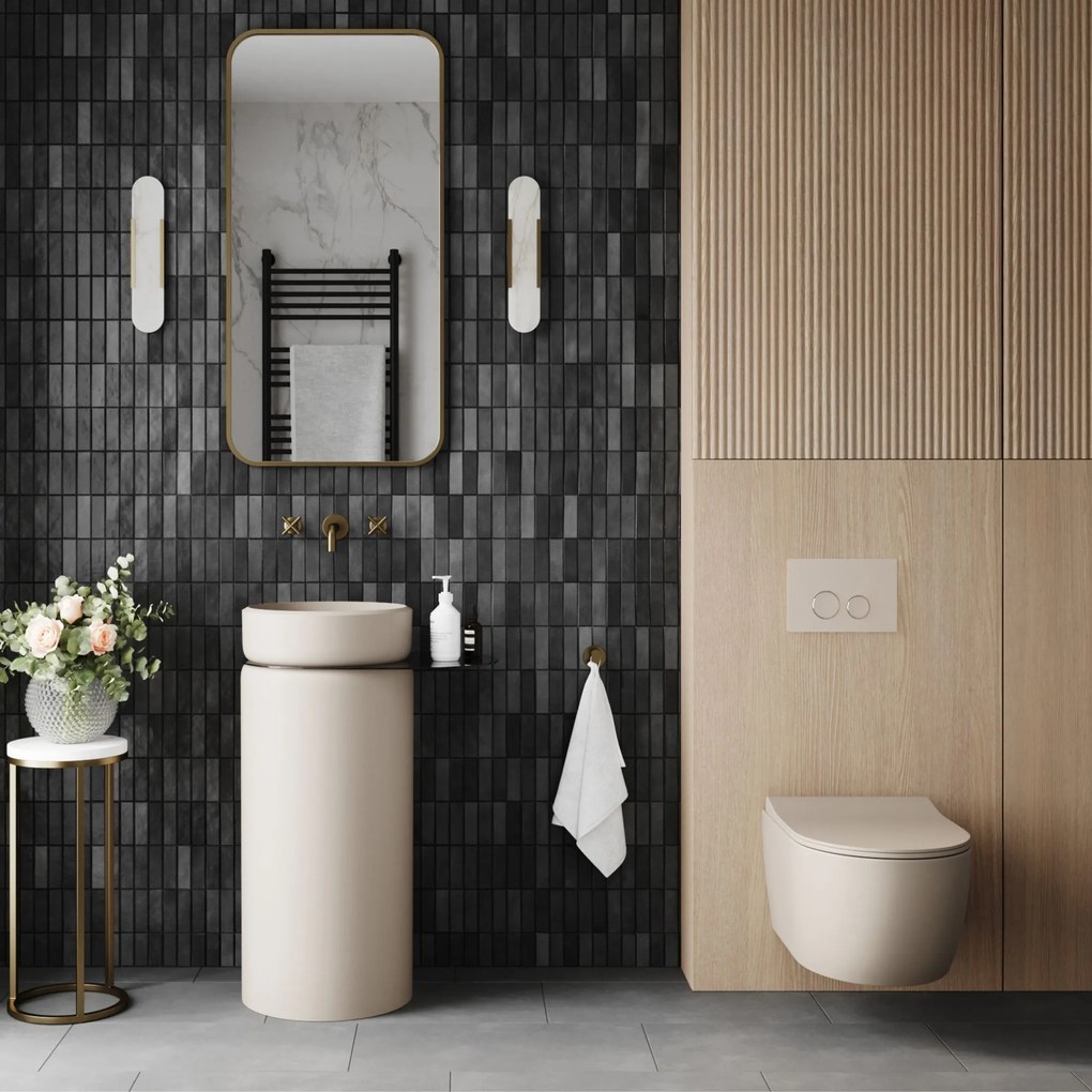 Massi Zestaw łazienkowy z umywalką RONA z półką, miską wc, stelażem i przyciskiem | Różne kolory : Kolor szkła - Przezroczyste , Kolor zestawu - Beż mat, Podłączenie syfonu - Do podłogi, Półka - Szklana