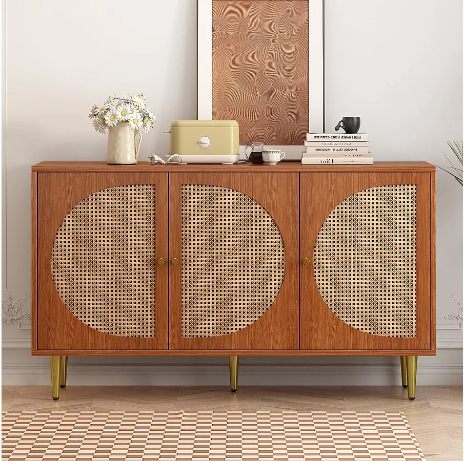 Komoda orzechowa z 3 drzwiami rattanowymi, metalowymi uchwytami i nogami – do salonu lub sypialni