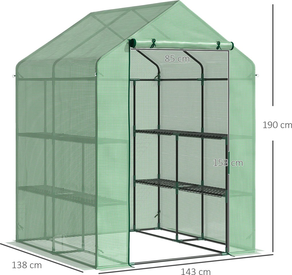 Outsunny Szklarnia Foliowa z 8 Półkami Stal PE Zielona 143x138x195cm Cieplarnia na Pomidory z Drzwiami | Aosom PL