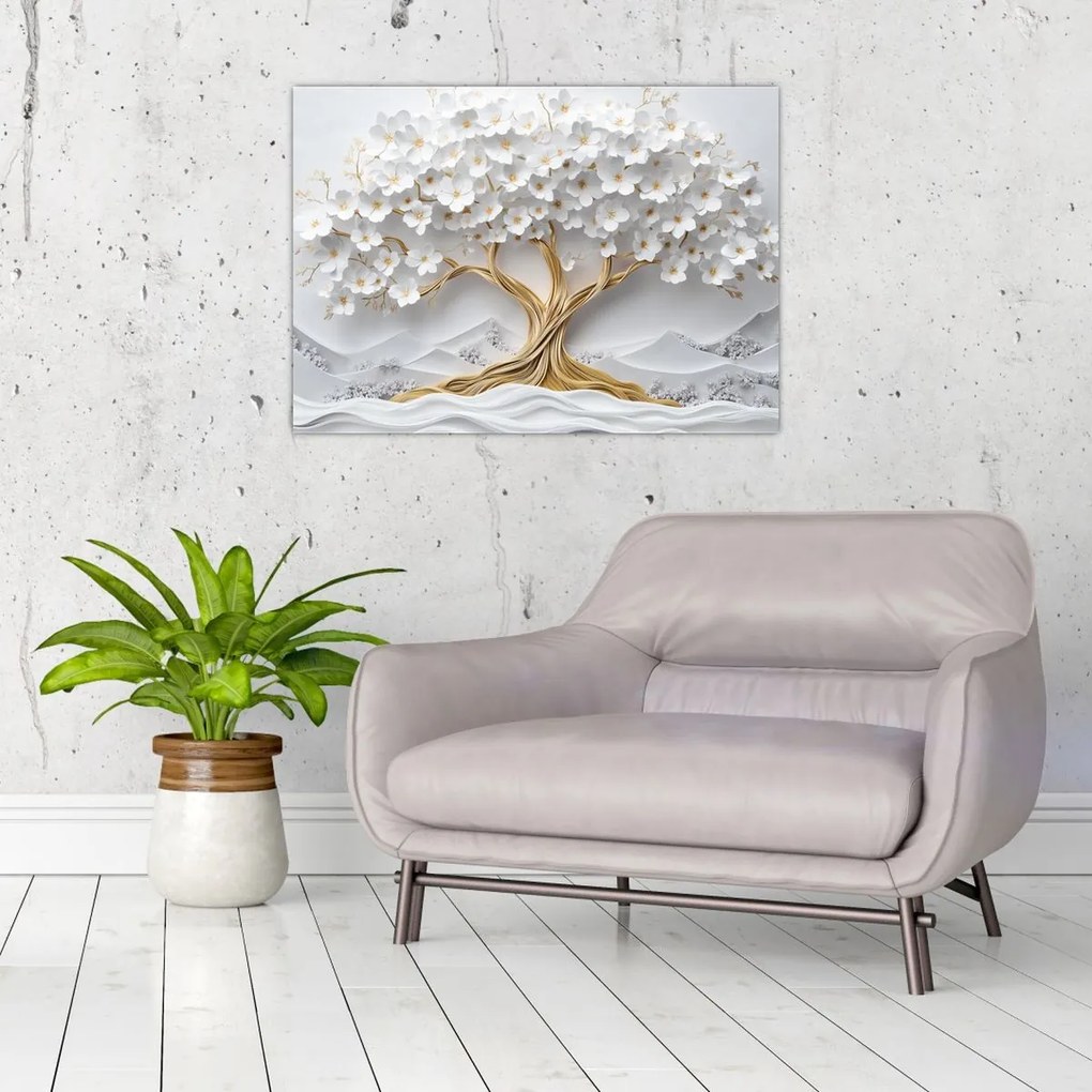 Obraz na szkle – Eleganckie drzewo życia 3D pełne kwiatów (70x50 cm)