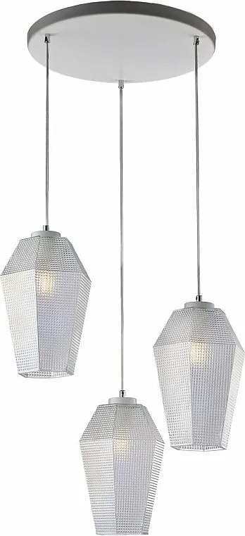 Lampa wisząca Prisma z białego lakierowanego żelaza, regulowane kable, przezroczyste klosze z dmuchanego szkła z tłoczonym wzorem, 3 światła