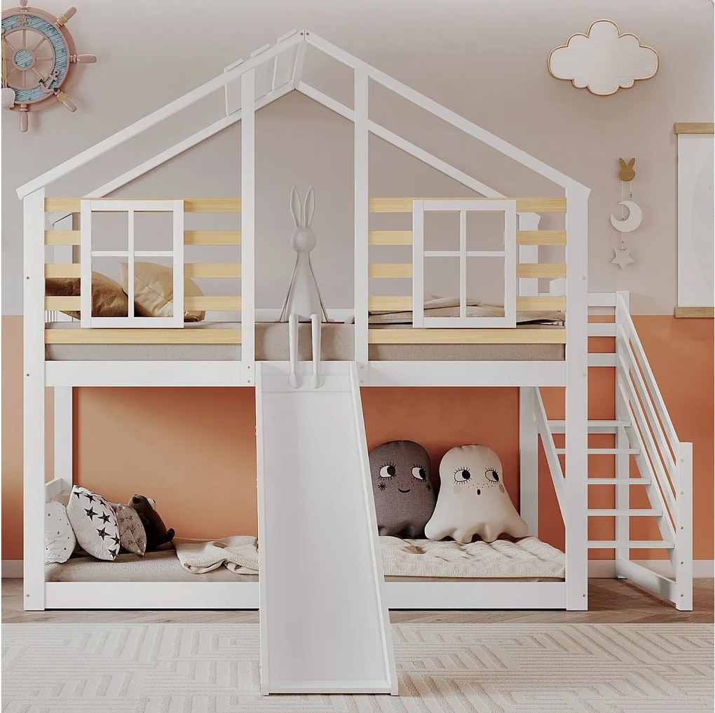 Łóżka piętrowe Cabane 90 x 200 cm, ze schodami, siatkami i zjeżdżalnią, sosną + MDF, białym