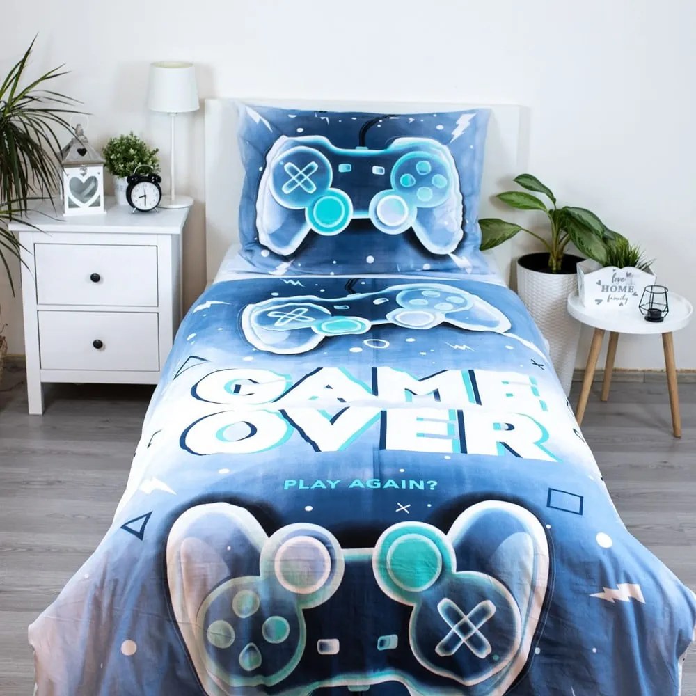 Biało-niebieska bawełniana pościel dziecięca jednoosobowa 140x200 cm Game over – Jerry Fabrics