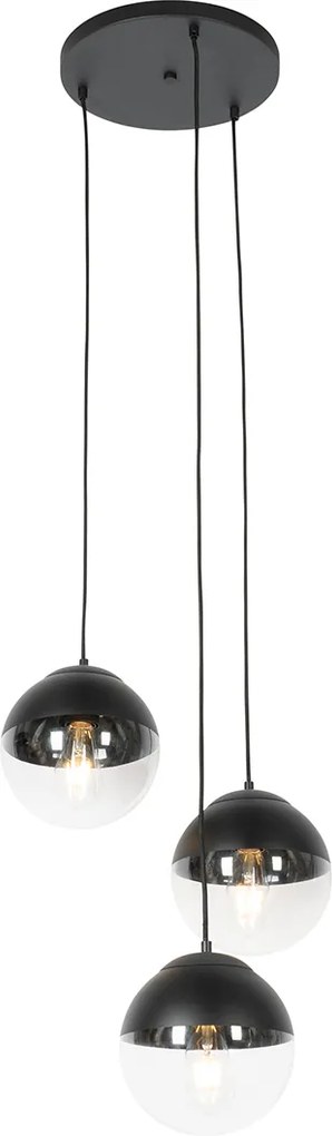 Retro lampa wisząca czarna z przezroczystym szkłem okrągła 3-światłowa - Eclipse