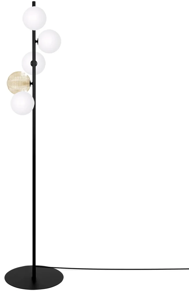 Lampa stojąca podłogowa, kolor czarny, pięć kloszy - Saturno klosze białe i bursztynowy