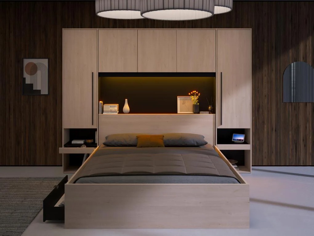 Łóżko z miejscem do przechowywania 160 × 200 cm – z oświetleniem LED – kolor: naturalny i czarny – VELONA