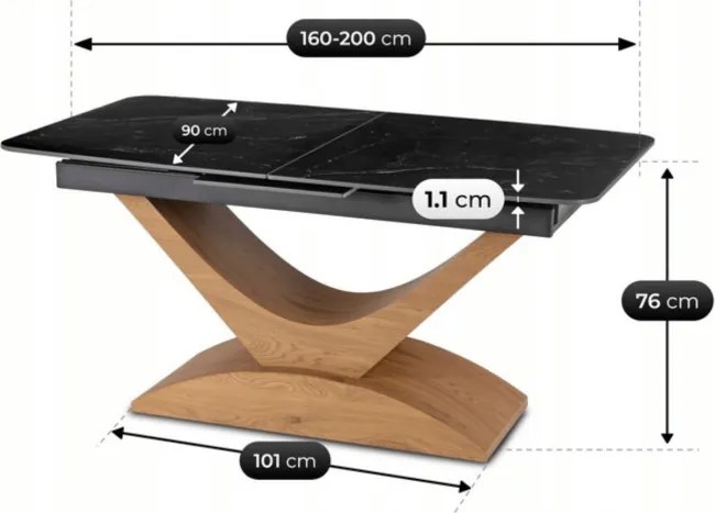 Stół Rozkładany Prostokątny ALICANTE 160-200 cm Ceramiczny Czarny/Dąb do Jadalni Nowoczesny