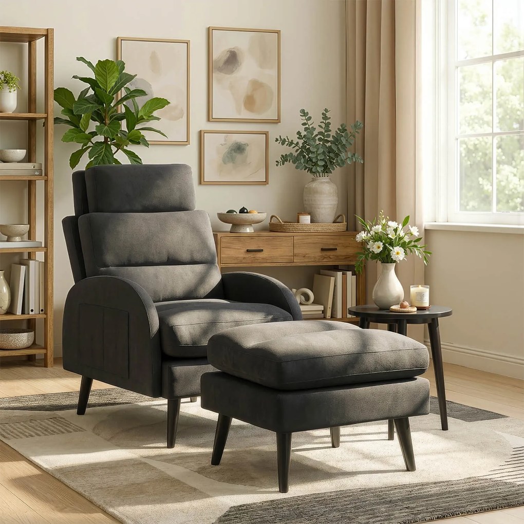 Fotel Wypoczynkowy HENRY z Podnóżkiem Czarny Nowoczesny Loftowy