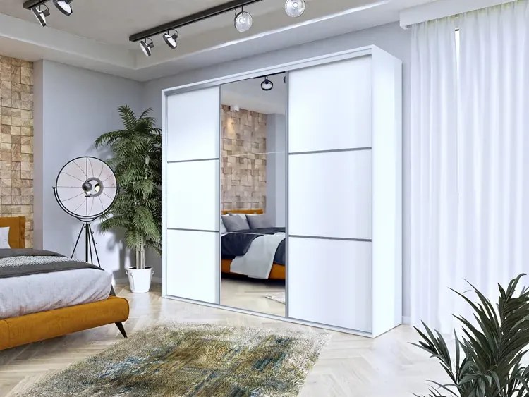 Biała przesuwna szafa z lustrem 275 cm K0-E49