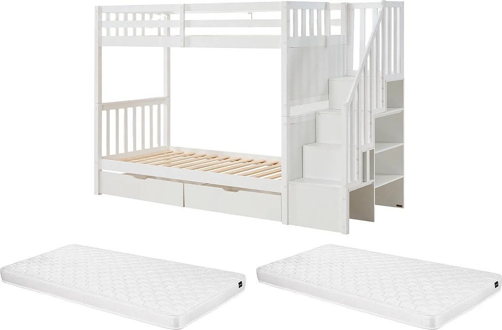 Łóżko piętrowe 90 x 190 cm z szufladami - Sosna i MDF - Białe + Materac - ZILENI
