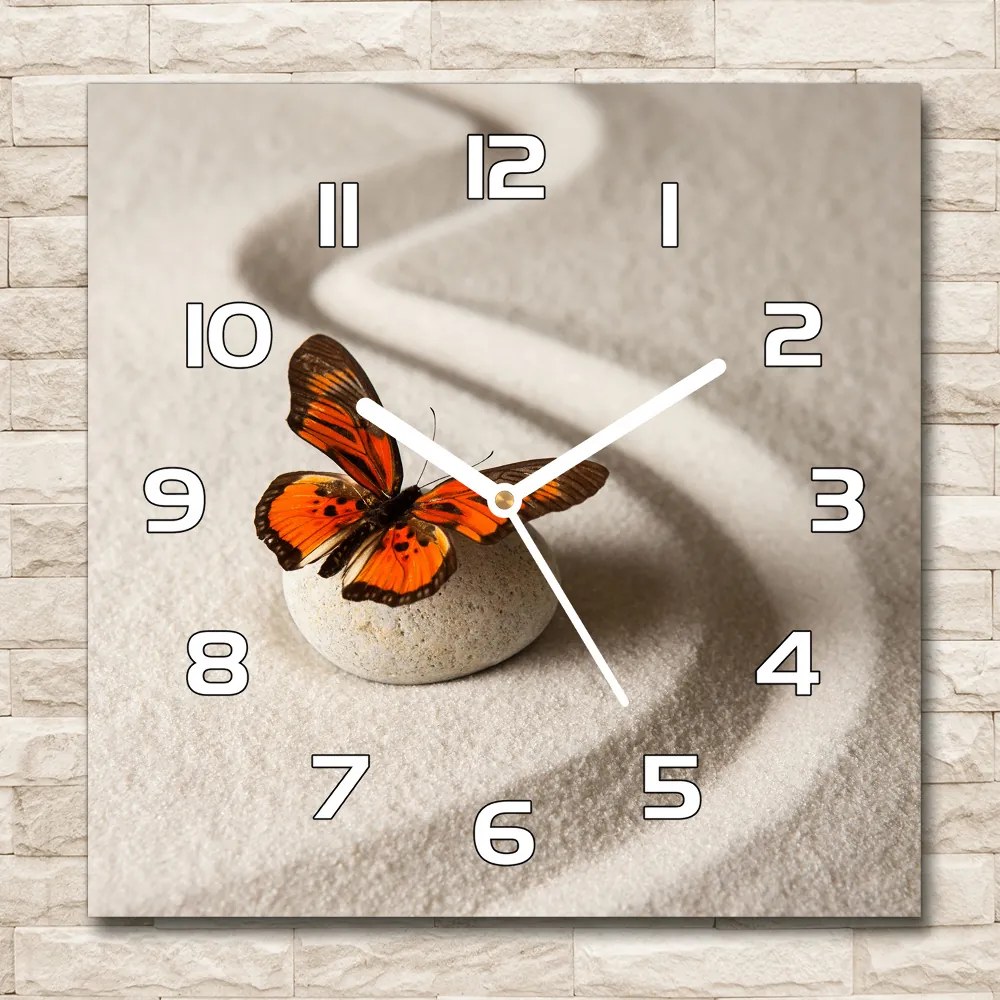 Zegar szklany kwadratowy Kamień zen i motyl