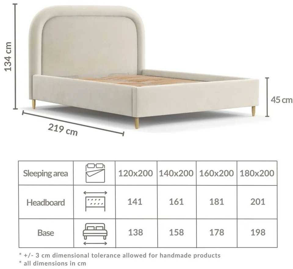 Kremowe tapicerowane łóżko dwuosobowe ze schowkiem i stelażem 140x200 cm Mija – Maison de Rêve