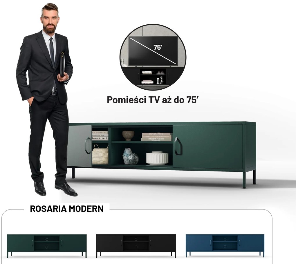 Szafka RTV metalowa szeroka XL na nóżkach butelkowa zieleń, 1700x400x500 mm: ROSARIA