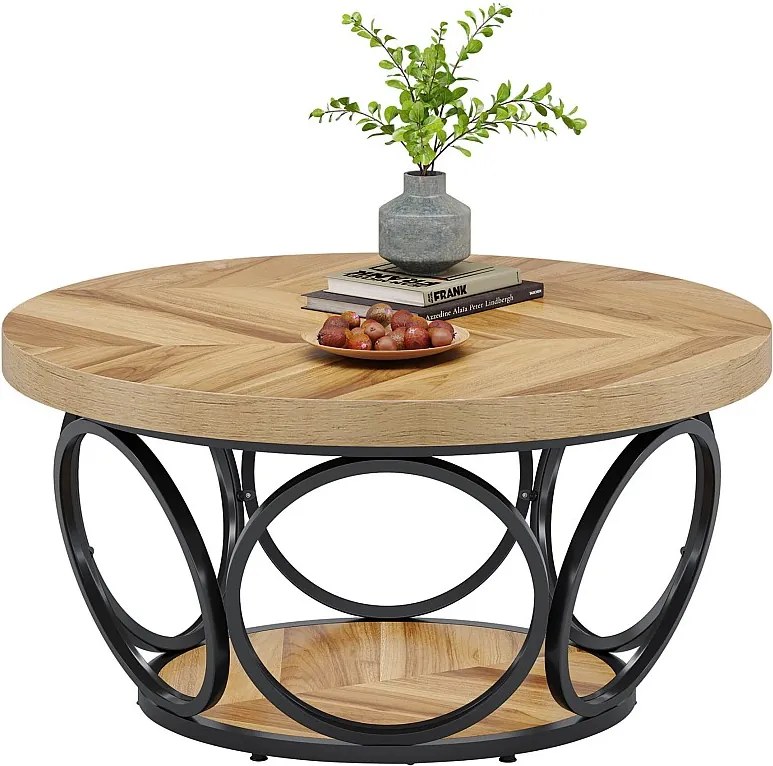 Okrągły stolik kawowy, stolik do salonu, stolik do sofy, metalowa rama, dwupoziomowy stolik kawowy, stolik kawowy, łatwy w montażu, słoje drewna