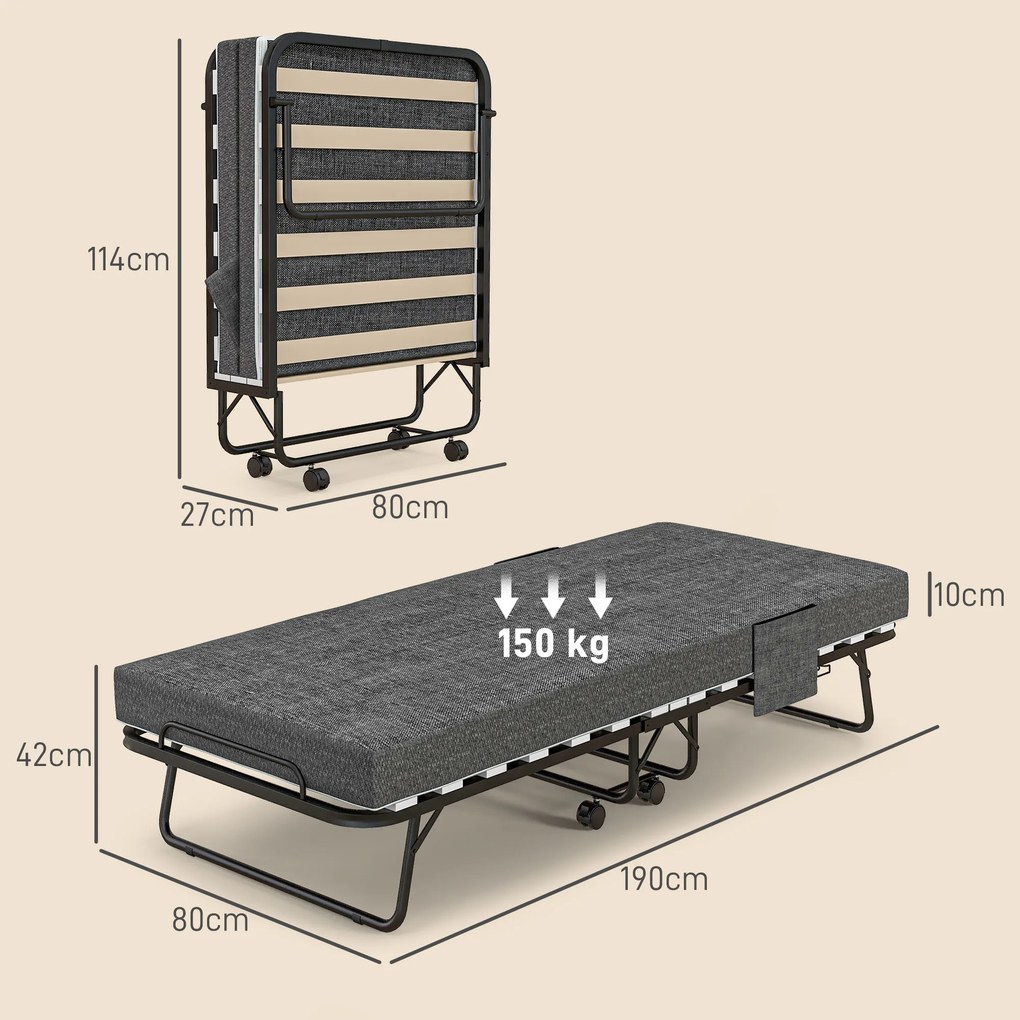HOMCOM Łóżko Składane, Materac, 4 Koła, Stelaż Metalowy, do 150 kg, 190 x 80 x 42 cm, Ciemnoszary