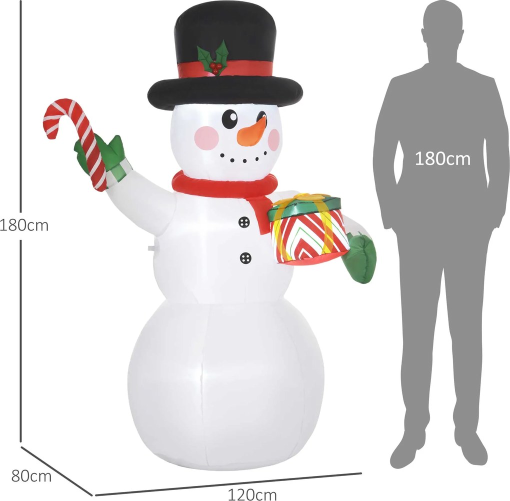 Outsunny 1,8 m Bałwan z Laską Cukrową &amp; Prezentem, Samonadmuchiwany, z LEDami, Odporny na Warunki Pogodowe