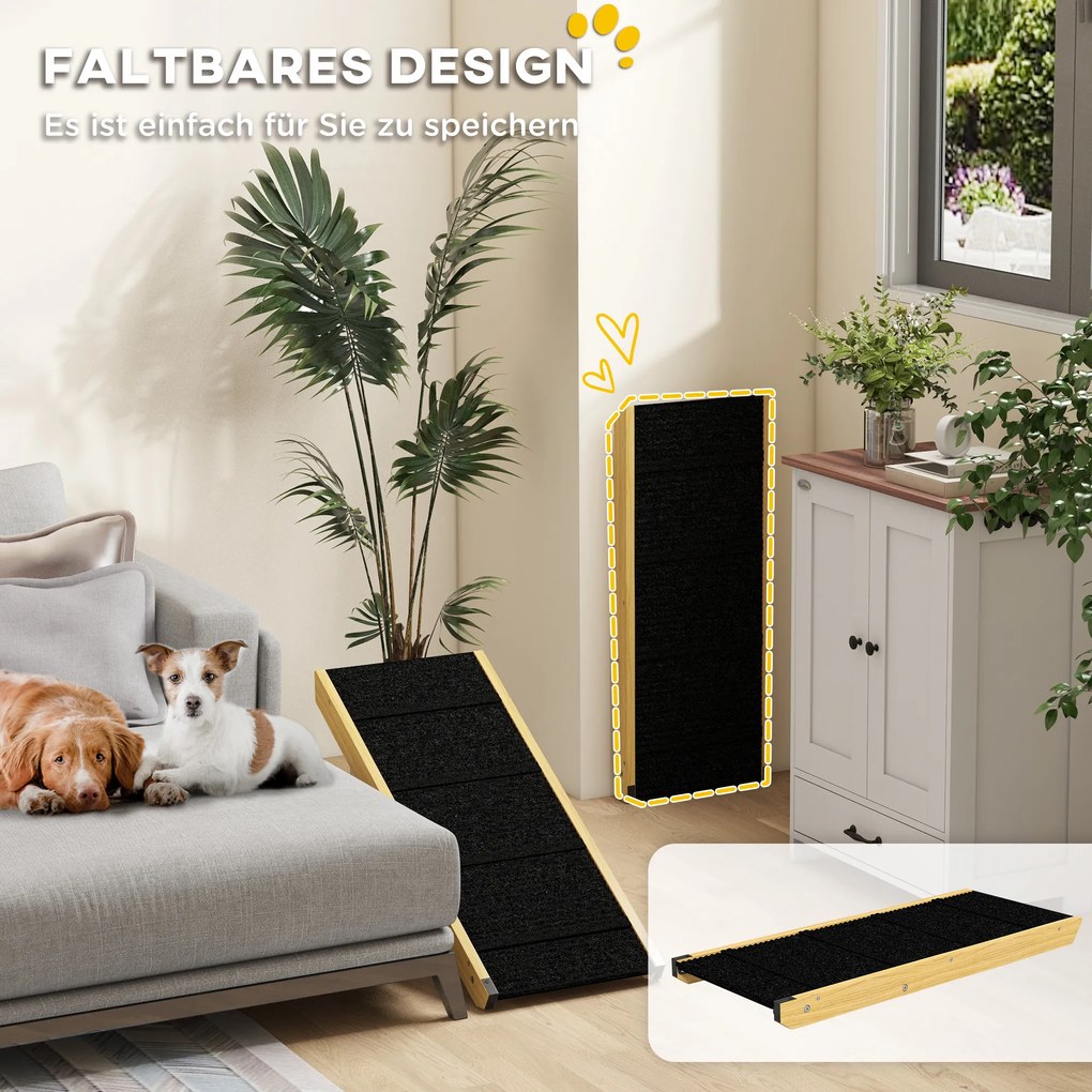 PawHut Rampa dla Zwierząt, Regulowana, 4-stopniowa, Antypoślizgowa, Składana, Drewno Sosnowe, dla Psów do 15 kg